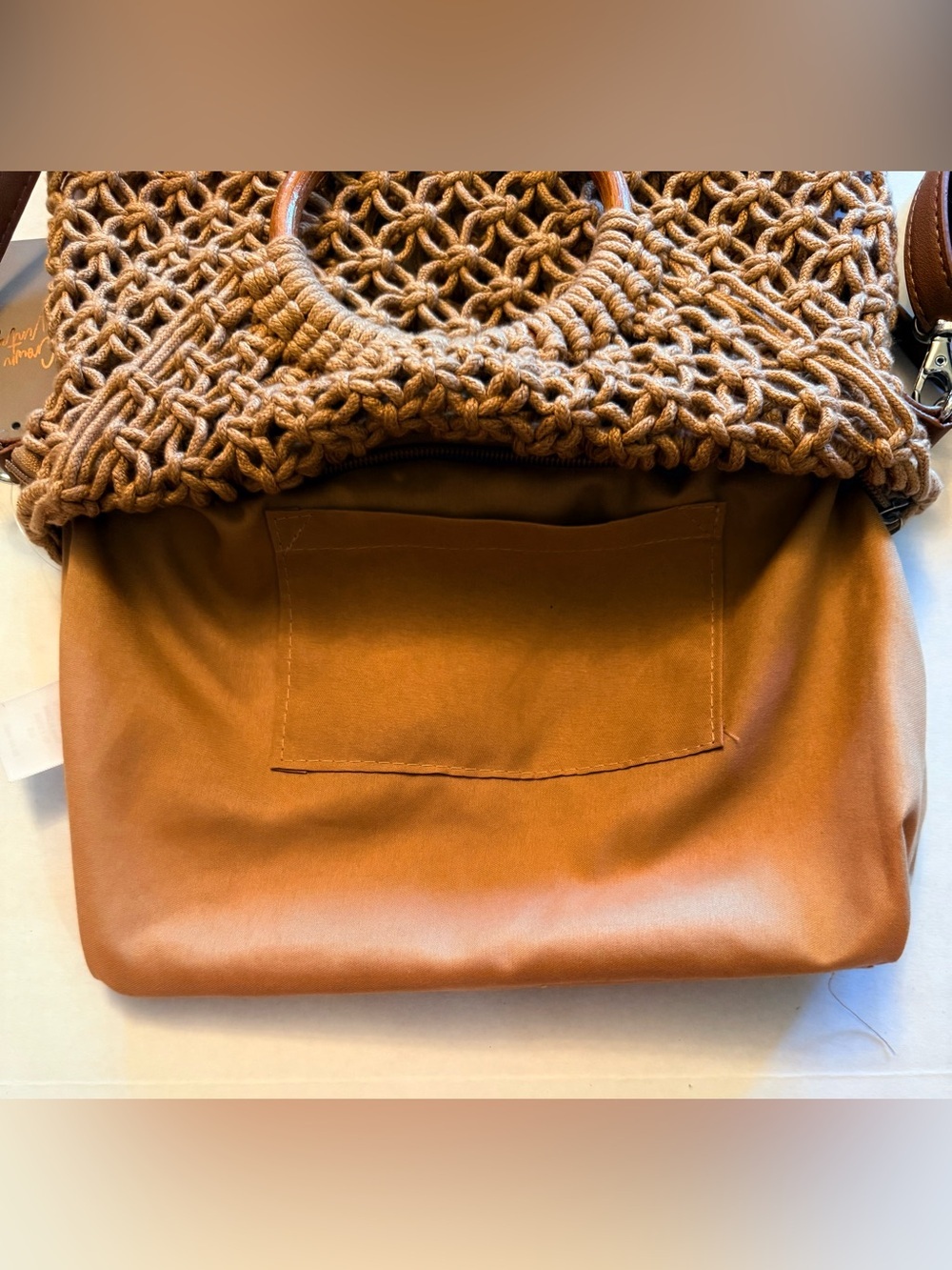 Crown Vintage Boho Macrame Tote Bag Wood Handles Crossbody Beach Resort NWT - Picture 6 of 12